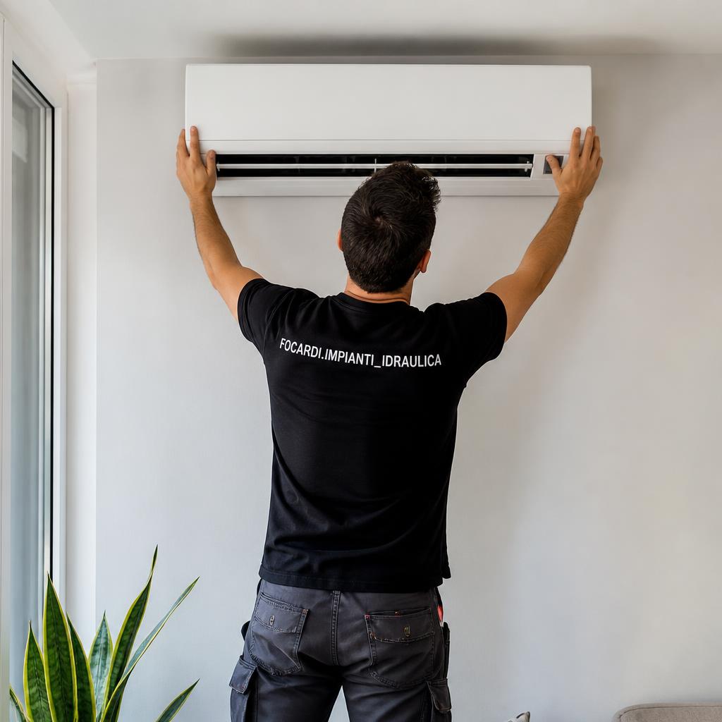 Tecnico Focardi Impianti di spalle mentre installa un condizionatore, con la t-shirt aziendale